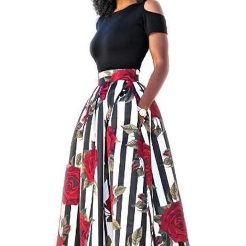Beautiful Two-Piece Dress Cold Shoulder Flora Maxi Skirt w/ Pockets, GUC, Size S